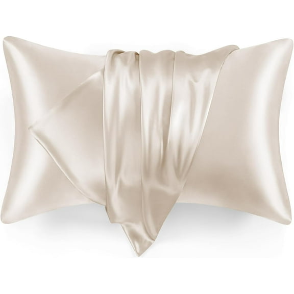 Satin Pillowcase for Hair and Skin, Similar to Silk Pillow Cases 2 Pack, Pillow Cases Standard Size Set of 2, Satin Cooling Pillow Covers with Envelope Closure, 20x30 Inches, Beige
