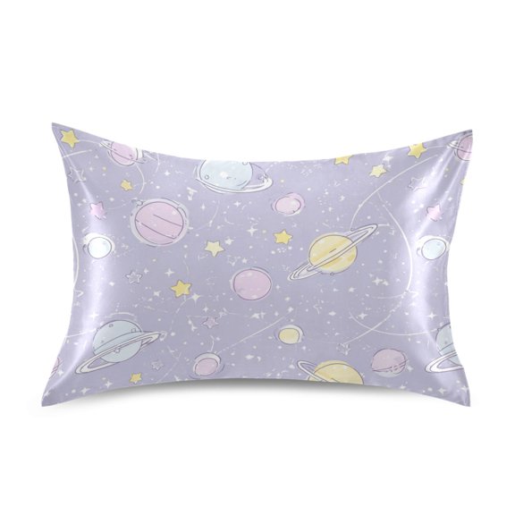 Satin Pillowcase Perfect for Hair and Skin Envelope Closure Machine Washable Pastel Purple Planets and Stars Standard Size