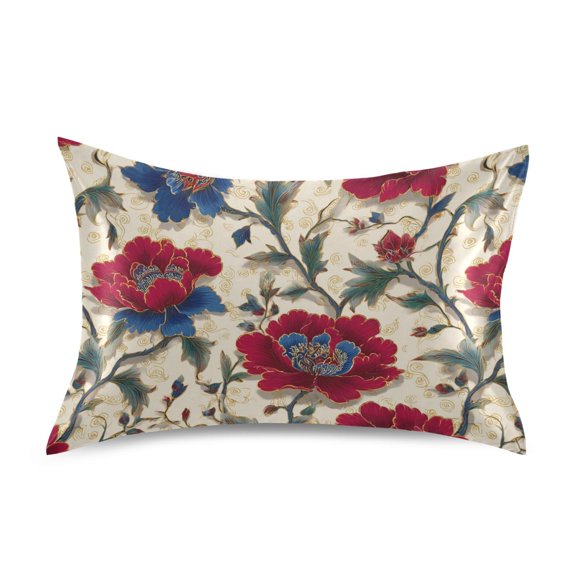 Satin Pillowcase Perfect for Hair and Skin Envelope Closure Machine Washable Red and Indigo Blue Flowers Standard Size