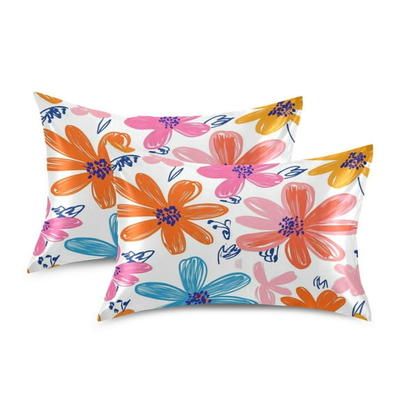 Satin Pillowcase Soft and Smooth Pillow Case for Hair and Skin Orange and Pink Flower Pattern