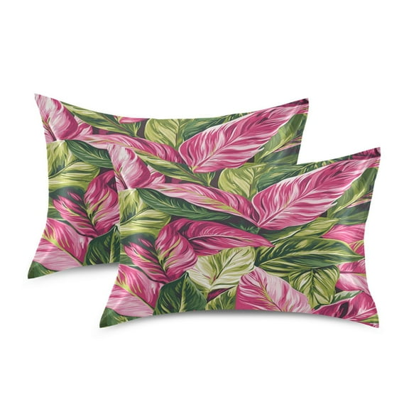 Satin Pillowcase Soft and Smooth Pillow Case for Hair and Skin Pink and Green Tropical Leaves