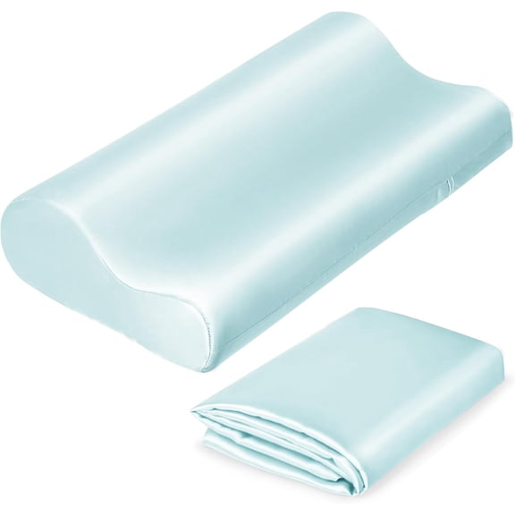 Satin Pillowcase for Contour Memory Foam Pillows, 24" x 14" x 5.1"/3.5" Cervical Pillow Case, Soft Pillow Cover for Sleeping Pillows (Light Blue)