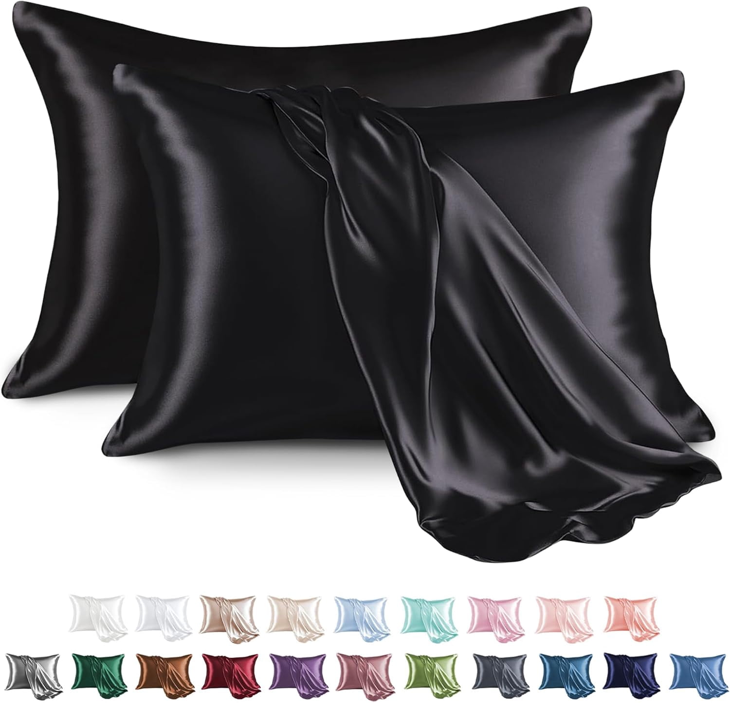 Satin Pillowcase for Hair and Skin, Silk 2 Pack, Queen Size Pillow Cases Set of 2, Silky Cover with Envelope Closure (20x30, )