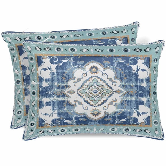 Satin Pillowcases King Size, Farmhouse Bohemian Medallion Oriental Flower Silk Pillow Cases for Hair and Skin with Zipper 2 Pack, Blue Boho Smooth Throw Pillow Covers for Sleeping, 20"x36"