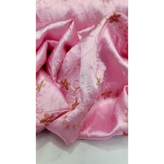 Satin Pink Fabric By The Yard Embroidery Floral Flowers Prom Quinceaera Bridal