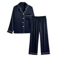 thumbnail image 1 of Satin Pj Set for Women Two Piece Valentines Pajamas for Women Long Sleeve Button Down Sleep & Lounge Navy Pajama Sets for Women, 1 of 4
