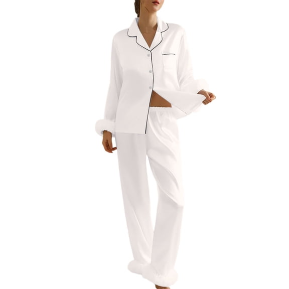 Satin Pjs Sets for Woman 2 Piece Valentines Pajamas for Women Long Sleeve Button-Down Loungewear White Pajamas for Women