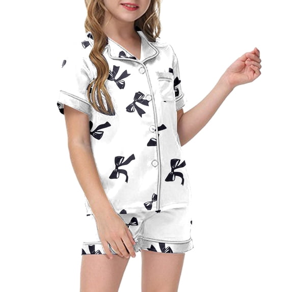 Satin Pjs for Girls Valentines Pjs Short Sleeve Bow Button Down Loungewear Girl Pajamas Size 6-7 Years