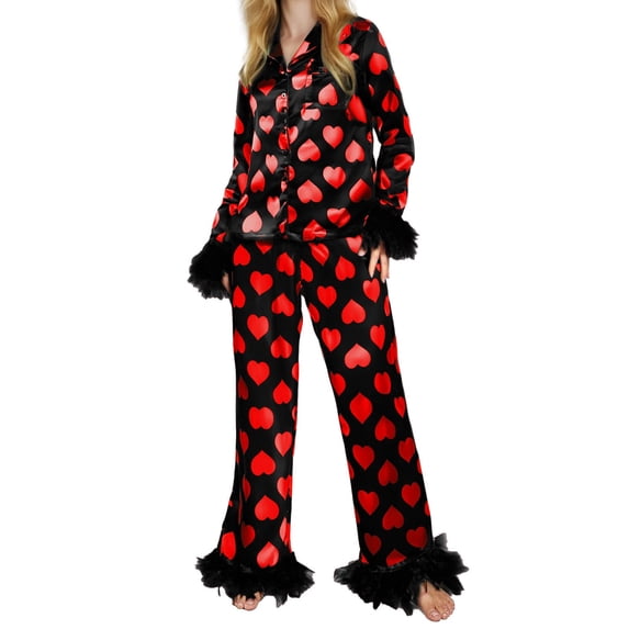 Satin Pajamas for Women Valentines Day Pjs Long Sleeve Heart Print Feather Trim Button down Sleepwear Pajama Sets for Women