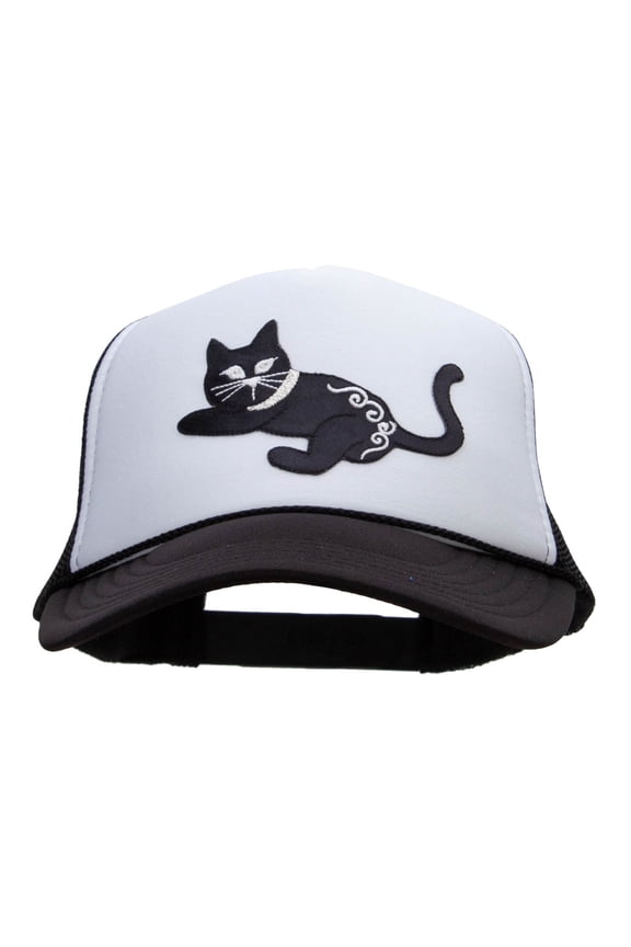 Satin Playful Kitten Patched Summer Foam Mesh Trucker Cap - Black White OSFM