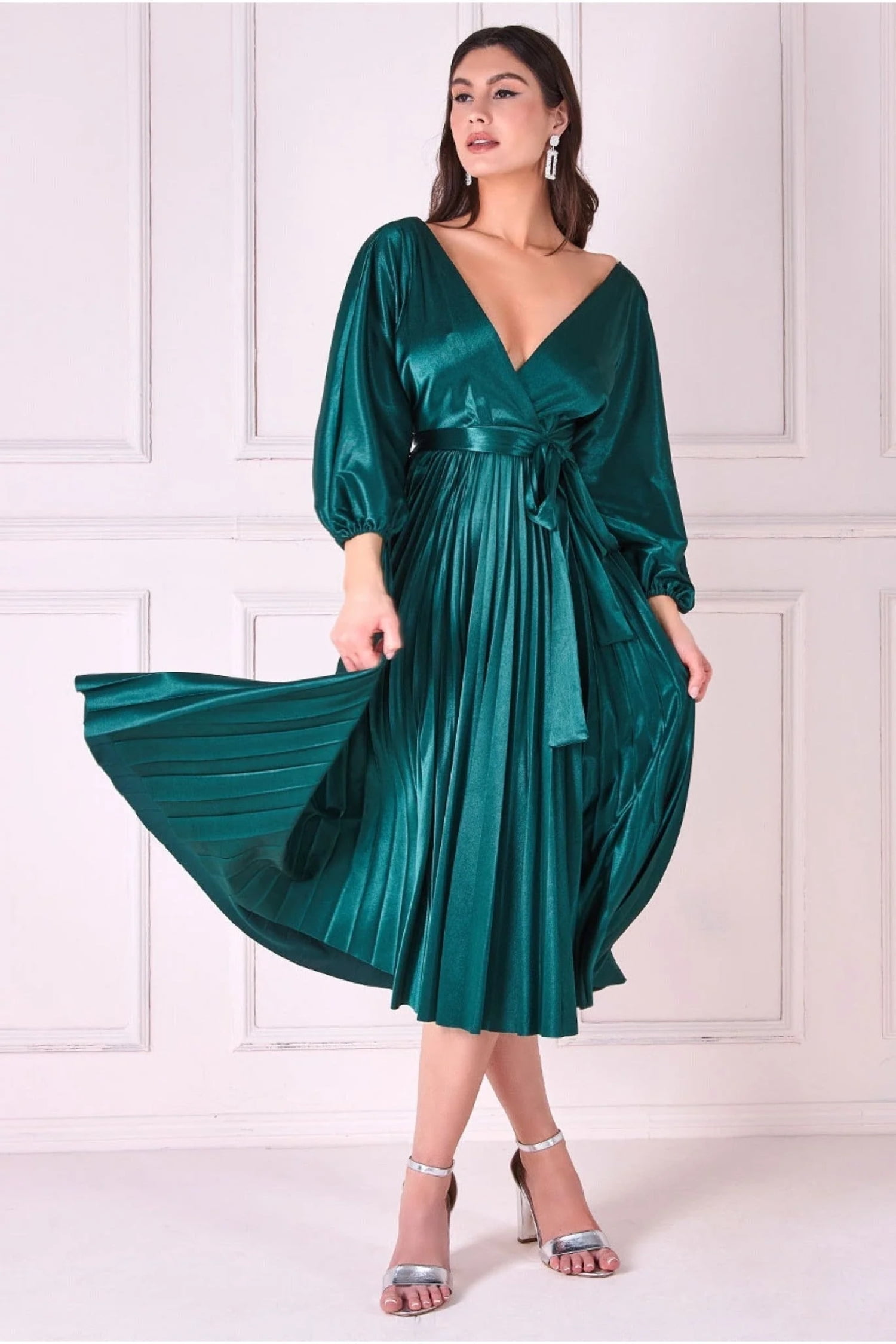 Emerald green pleated skirt dress cheap