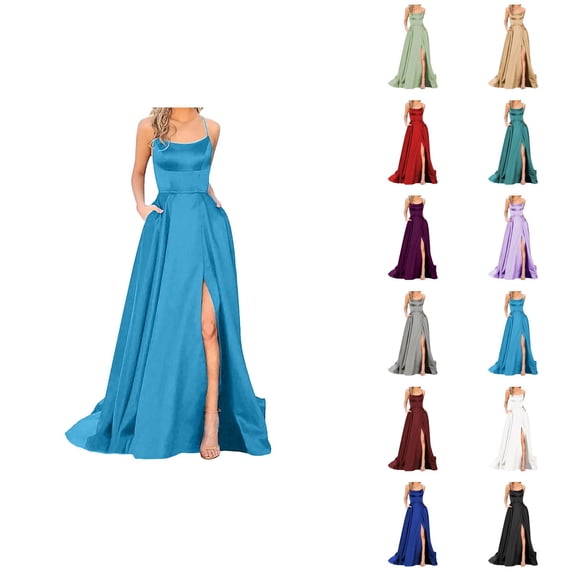 Satin Prom Dresses for Women Sleeveless Spaghetti Strap Backless Slit Maxi Formal Dress Evening Gowns