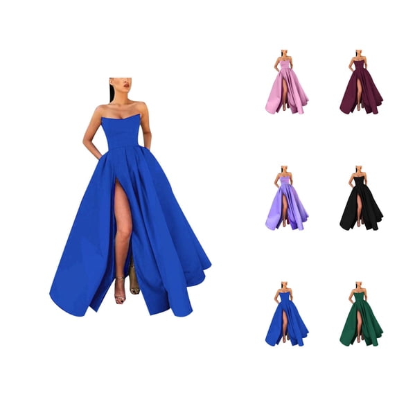 Satin Prom Dresses for Women Sleeveless Strapless Slit Zip Back A Line Maxi Dress Evening Ball Gown Wedding Guest Dress