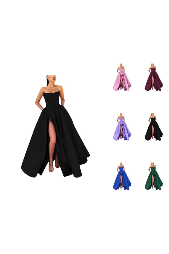 Satin Prom Dresses for Women Sleeveless Strapless Slit Zip Back A Line Maxi Dress Evening Ball Gown Wedding Guest Dress