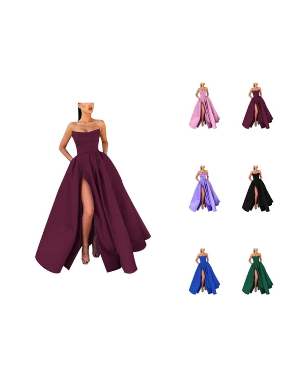 Satin Prom Dresses for Women Sleeveless Strapless Slit Zip Back A Line Maxi Dress Evening Ball Gown Wedding Guest Dress