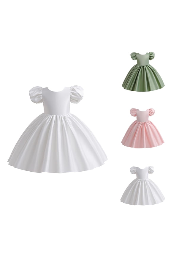 Satin Puff Sleeve Evening Dress – Backless Tie-Up Princess Gown, Luxe Party & Stage Wear, Glamorous Statement Beyond Pink Dress for Girls Simplicity