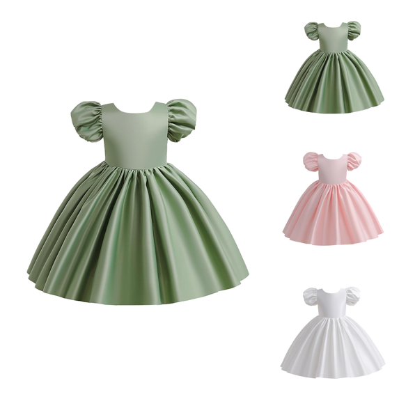 Satin Puff Sleeve Evening Dress – Backless Tie-Up Princess Gown, Luxe Party & Stage Wear, Glamorous Statement Beyond Pink Dress for Girls Simplicity