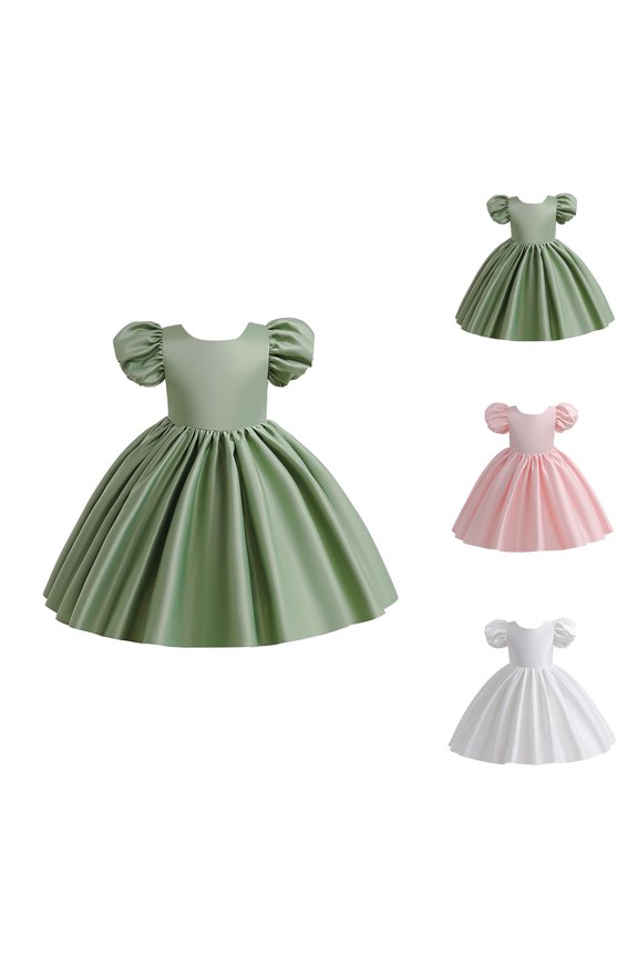 Satin Puff Sleeve Evening Dress – Backless Tie-Up Princess Gown, Luxe Party & Stage Wear, Glamorous Statement Beyond Pink Dress for Girls Simplicity