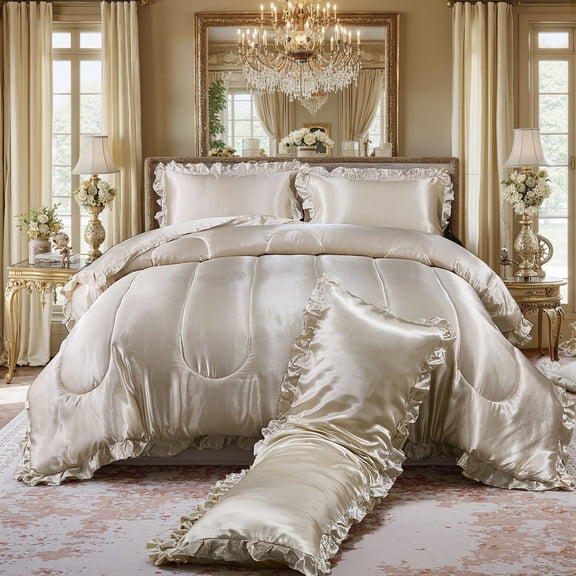 Satin Queen Comforter Set Silk Like Satin Bedding Set Hotel Soft Polyester Black Bed Set Luxury Silky Pillow Cover with Quilt Set Ruffle Down Comforter Home Decor