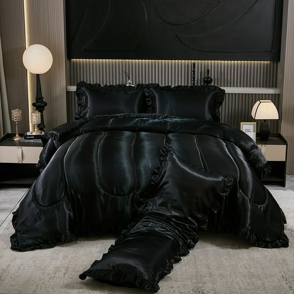 Satin Queen Comforter Set Silk Like Satin Bedding Set Hotel Soft Polyester Black Bed Set Luxury Silky Pillow Cover with Quilt Set Ruffle Down Comforter Home Decor