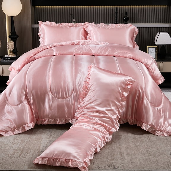 Satin Queen Comforter Set Silk Like Satin Bedding Set Hotel Soft Polyester Black Bed Set Luxury Silky Pillow Cover with Quilt Set Ruffle Down Comforter Home Decor