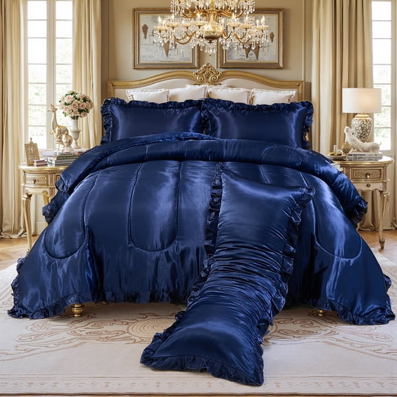 Satin Queen Comforter Set Silk Like Satin Bedding Set Hotel Soft Polyester Black Bed Set Luxury Silky Pillow Cover with Quilt Set Ruffle Down Comforter Home Decor