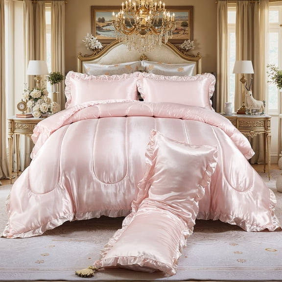 Satin Queen Comforter Set Silk Like Satin Bedding Set Hotel Soft Polyester Black Bed Set Luxury Silky Pillow Cover with Quilt Set Ruffle Down Comforter Home Decor