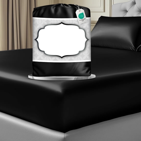 Satin Queen Fitted Sheet 1PC, Deep Pocket 15 Inch, Silky Smooth Wrinkle Free Bedding, Hypoallergenic Elastic Edges for Firm Mattress Grip, Black