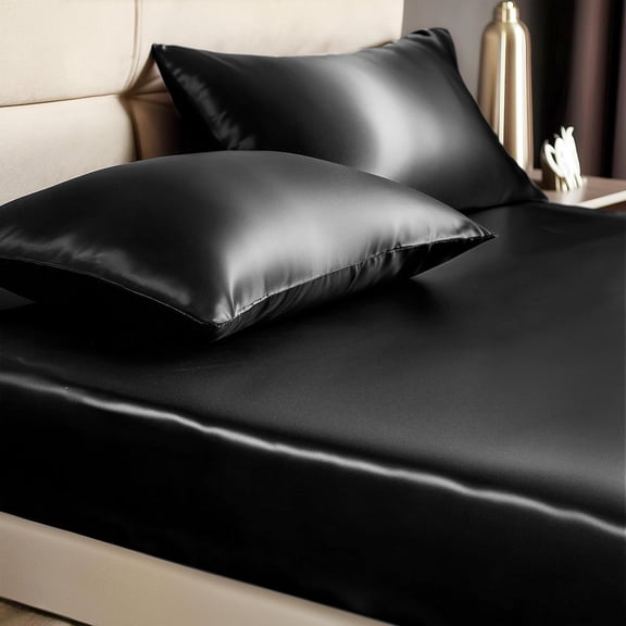 Satin Queen Fitted Sheet & Pillowcase Set - 3-Piece Luxury Soft Silk-Like with 1 Deep Pocket (Fits 15" Mattress) 2 Pillowcases, Elastic Corner Straps (Black)