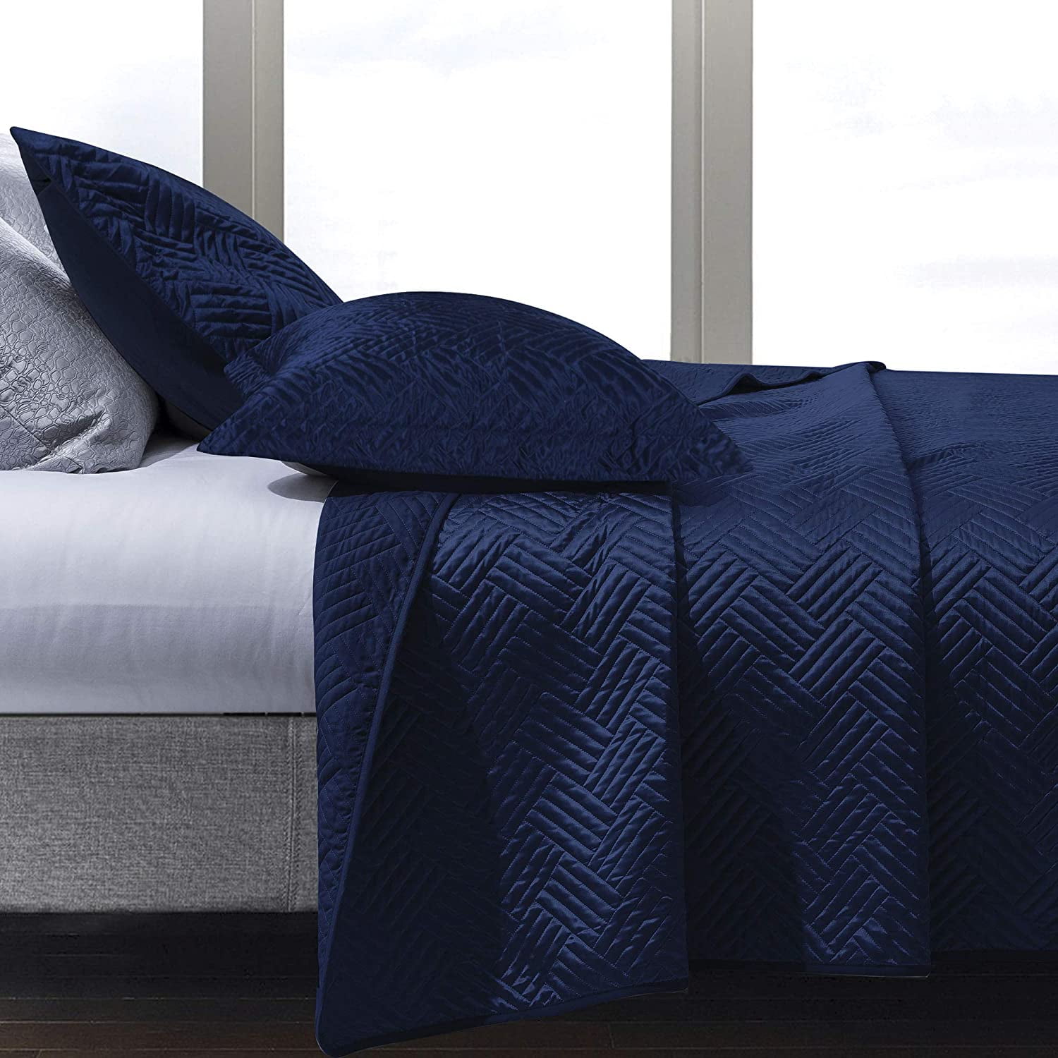 Satin Queen Quilt Coverlet Bed Set, 3 Pieces Geometric Pattern Quilted Bedspread, Navy Blue