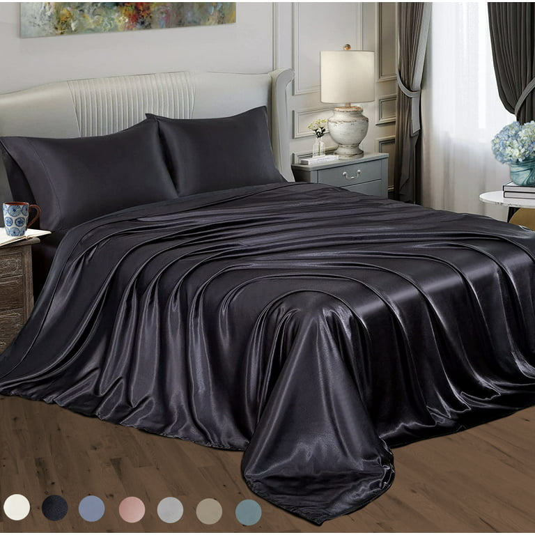 Satin Radiance 230 Thread Count Black Solid Print Polyester Sheet Sets,  Queen (4 Pieces)