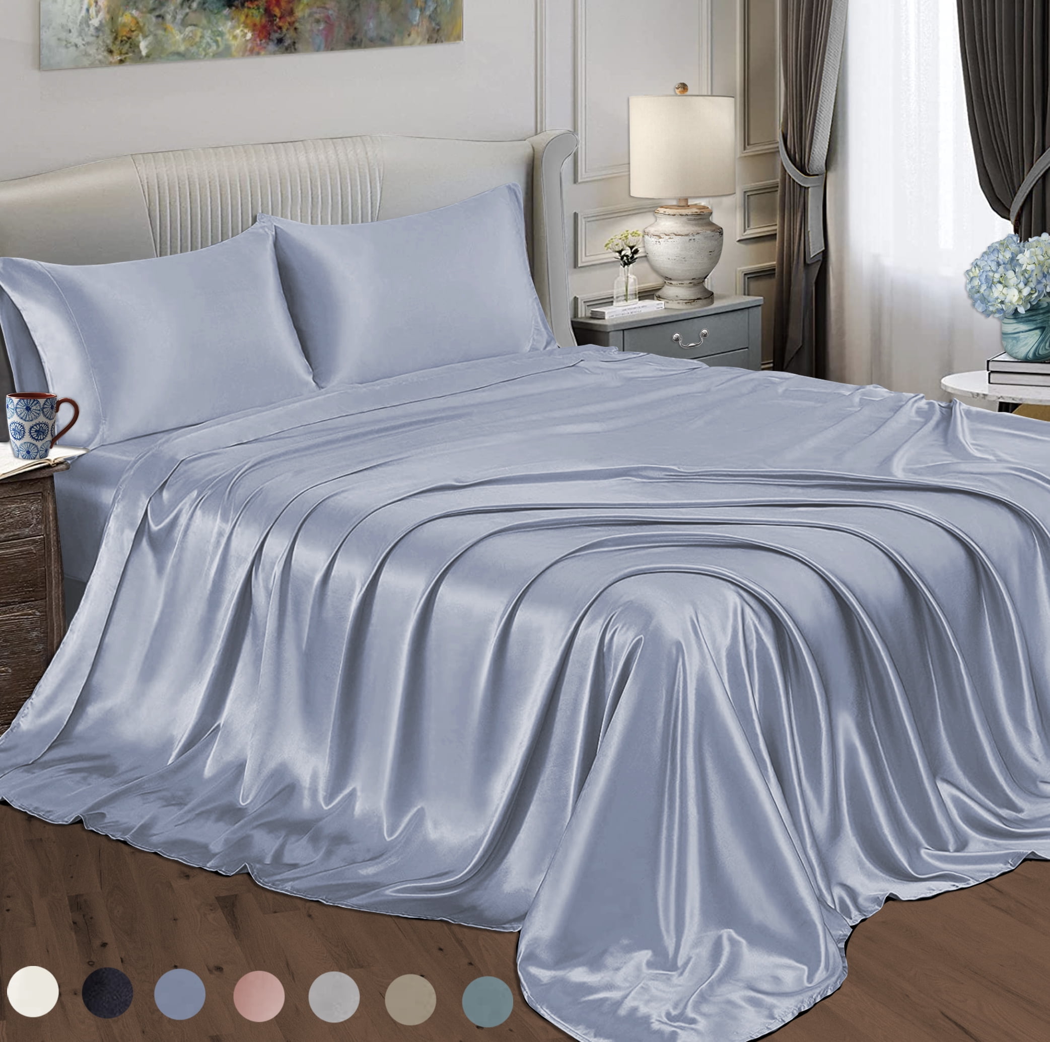 Satin Radiance 230 Thread Count Blue Solid Print Polyester Sheet Set, King, 4-Pieces