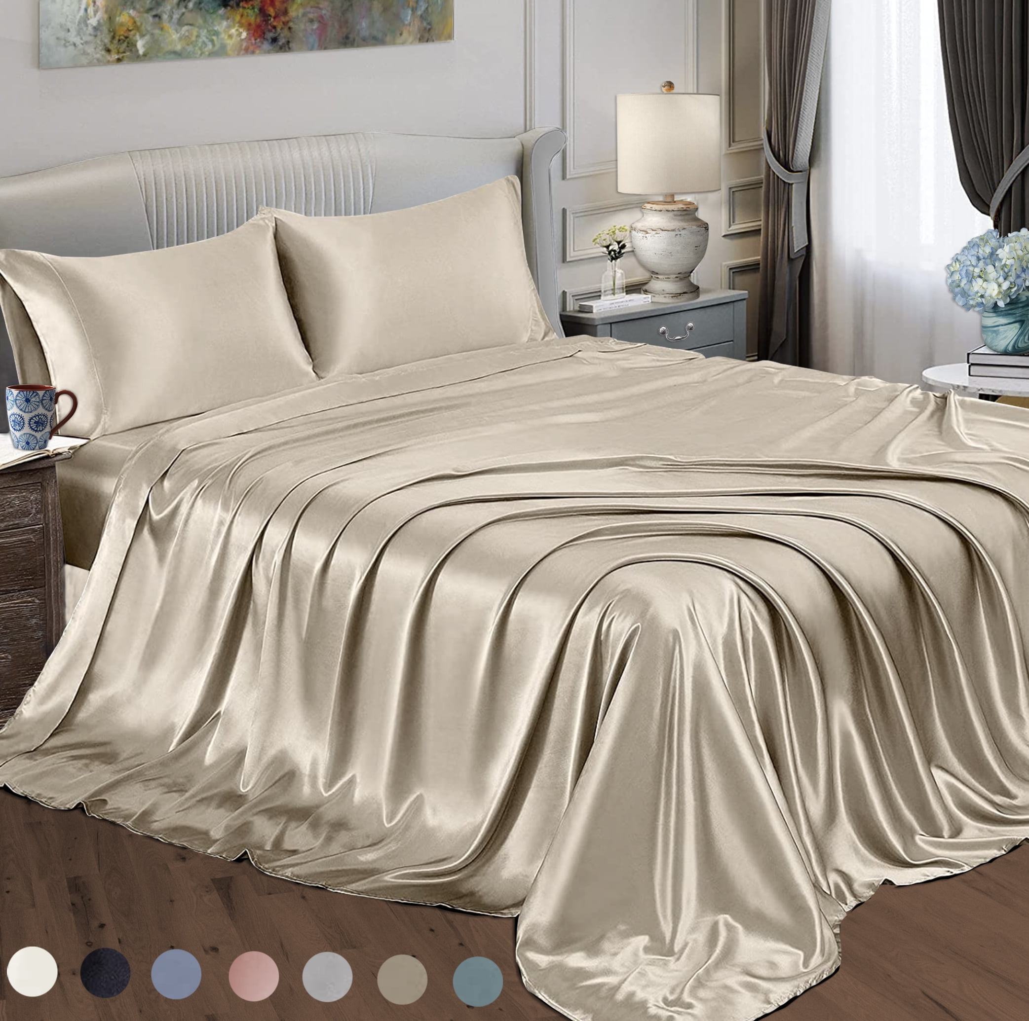 Satin Radiance 230 Thread Count Brown Polyester Sheet Sets, California King, 4 Pieces