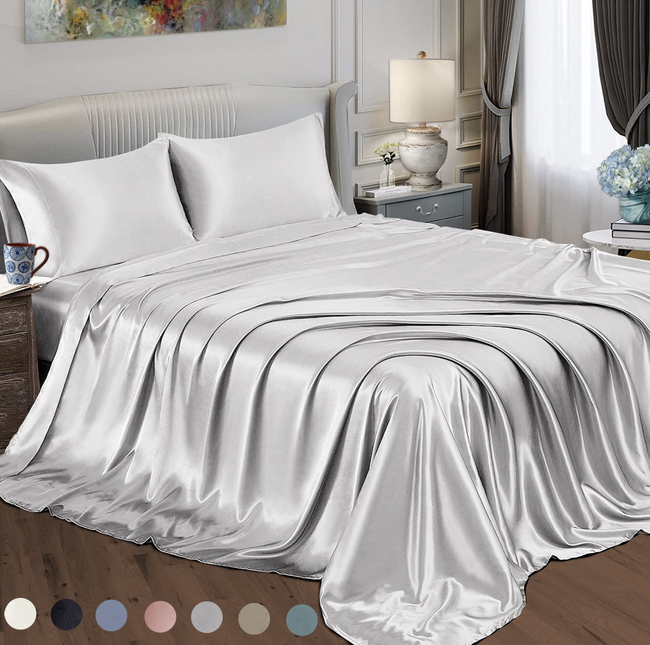 Satin Radiance 230 Thread Count Silver Polyester Sheet Sets, California King, 4 Pieces