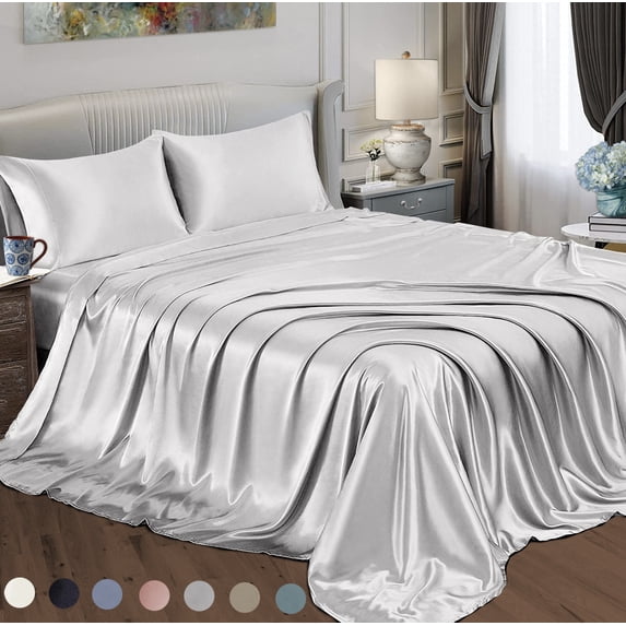 Satin Radiance 230 Thread Count Silver Solid Print Sheet Set, Twin-XL, 3 Pieces