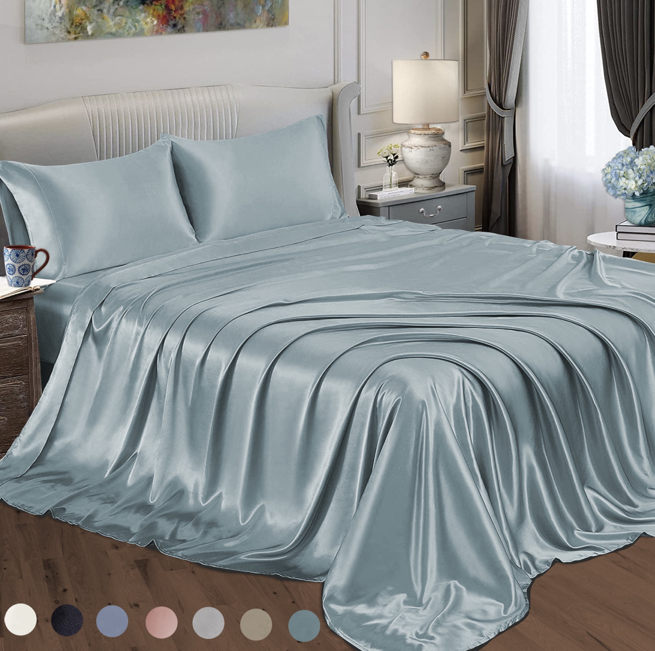 Satin Radiance Luxury 230 Thread Count Blue Polyester Sheet Sets, California King, (4 Pieces)