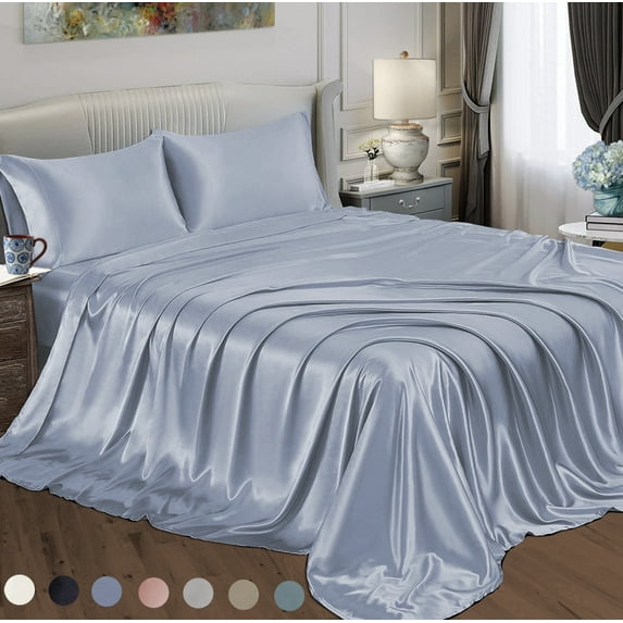 Satin Radiance Luxury 230 Thread Count Blue Polyester Sheet Sets, Full, (4 Pieces)