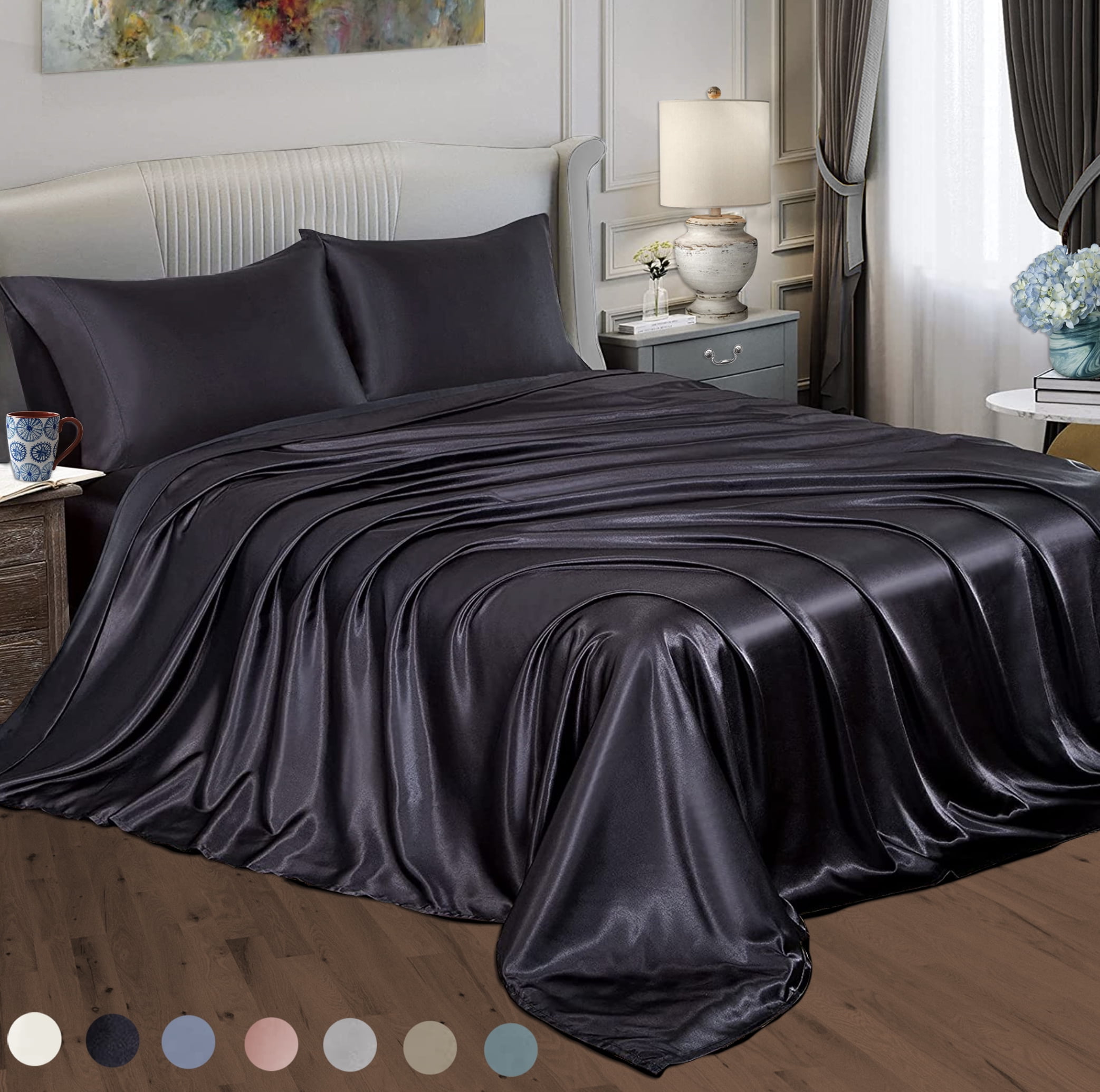 Satin Radiance Soft Silky Satin Sheets Solid Color Deep Pocket Full Size Satin Bed Sheet Set Cooling And Soft Slippery Satin Bedding + Satin Pillowcase(s) Durable, Breathable, Black, 4-piece