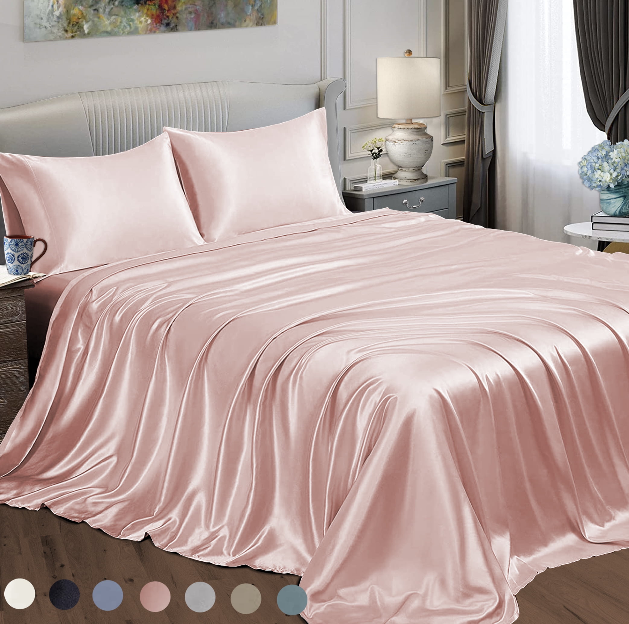 Satin Radiance Soft Silky Satin Sheets Solid Color Deep Pocket Queen Size Satin Bed Sheet Set Cooling Soft Slippery Satin Bedding + Satin Pillowcases Durable Breathable Blush Pink 4-piece