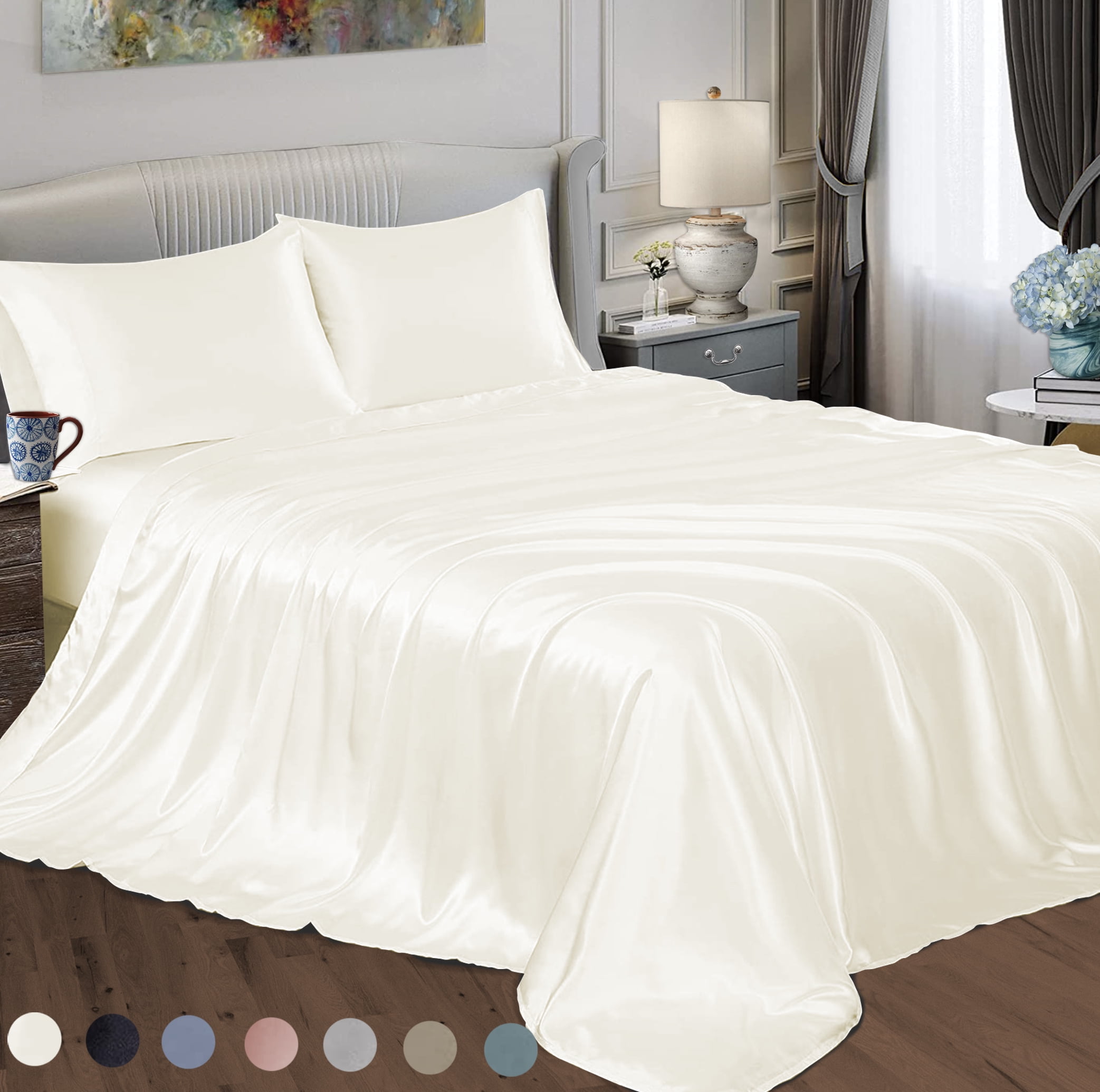 Satin Radiance Soft Silky Satin Sheets Solid Color Deep Pocket Twin Size Satin Bed Sheet Set Cooling And Soft Slippery Satin Bedding + Satin Pillowcase(s) Durable, Breathable, White, Ivory, 3-piece
