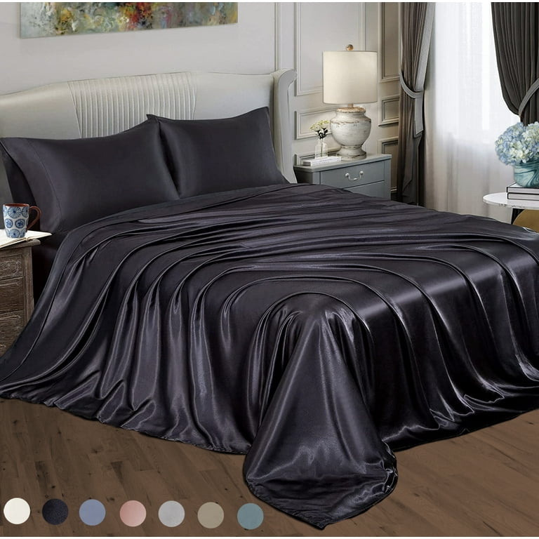 4PC Set Queen Flat Bed Sheets Satin Soft Silk Luxury Bedding