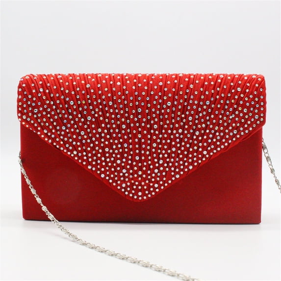 Satin Rhinestone Evening Clutch Bag Elegant Women Formal Party Purse Shoulder Bag for Wedding Prom Cocktail Party Bridal Dinner Event Handbag Red