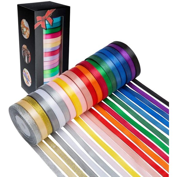 Satin Ribbon 20 Colors 300 Yard -18 Silk Ribbon Rolls & 2 Glitter Metallic Ribbon Rolls, 2/5" Wide 15 Yard/Roll, Ribbons Perfect for Gift Wrapping Happy Birthday Party Decorations
