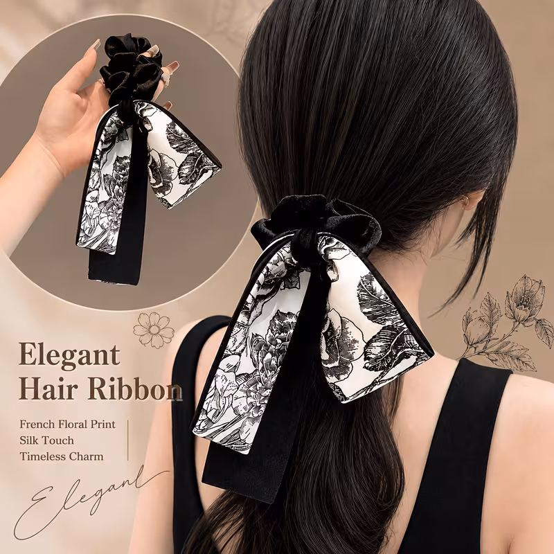Satin Ribbon Irregular Print Scrunchie, Women's Elegant Bow Low Ponytail Hair Tie, Soft Silk-Like Hair Accessory for Daily & Party