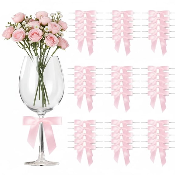 Satin Ribbon Pink Bow Decor 2.5" Premade Twist Tie Bows for Gift Wrapping, Treat Bags, Party Favors, Wedding Decorations - 50 Counts