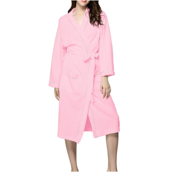 Satin Robe Women Kimonos Robes Waffles Weave Long Robe Knit Bathrobe Sleepwear Night Gowm Loungewear with Pocket S-20 Pink-a S