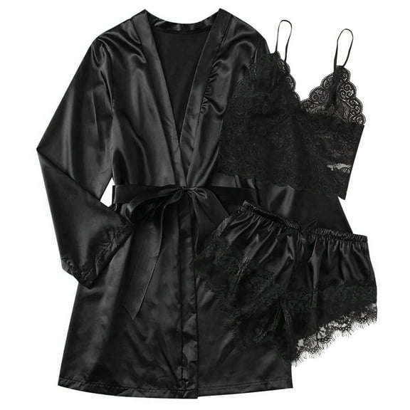 Satin Robe for Women, Audhol Silk Pajamas for Women 3Pcs Sleepwear Loungewear Satin Robe Cami Shorts Pj Set Sleep Sets for Women Black L