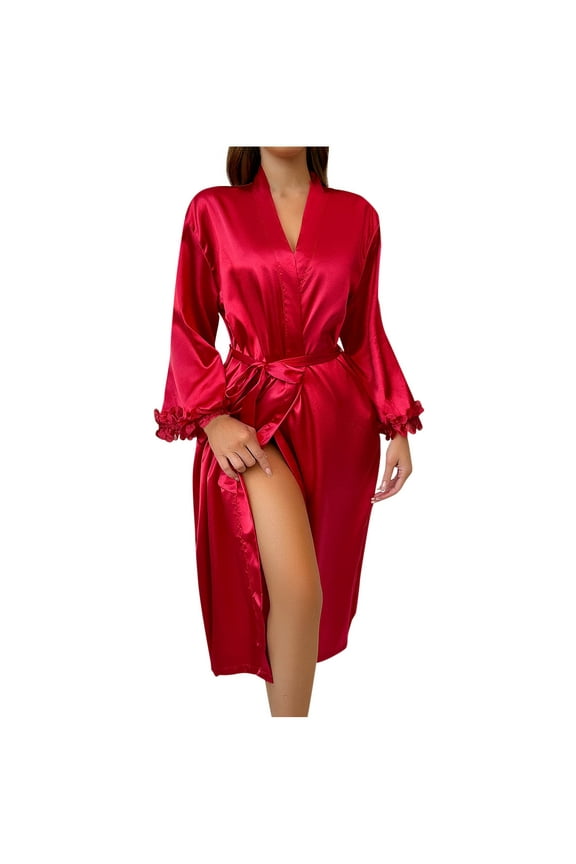 Satin Robe for Women Long Lace Floral Long Sleeve Bridal Robe with Lace Elegant Sleepwear Dressing Gown