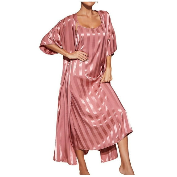 Satin Robes Set Women's Silk Pajama Set with Nightgown 2 Piece Sleepwear Long Cami Nightwear Loungewear Womens Clothes