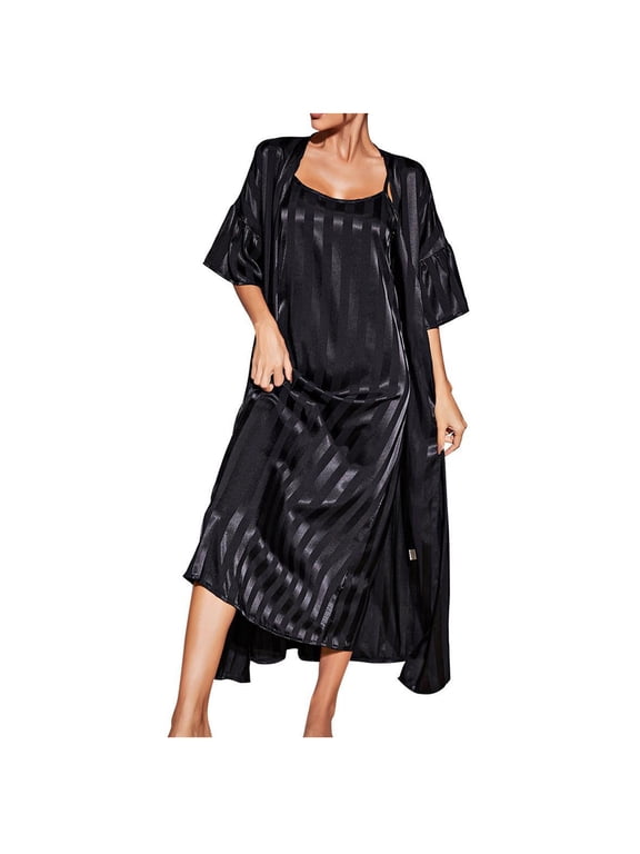 Satin Robes Set Women's Silk Pajama Set with Nightgown 2 Piece Sleepwear Long Cami Nightwear Loungewear